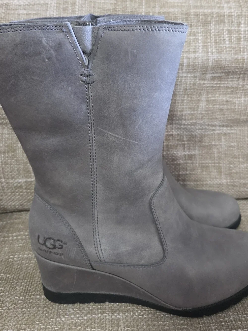 UGG Joely Waterproof Leather Wedge Boots Grey Mid Calf Womens Size 6.5 NWT New